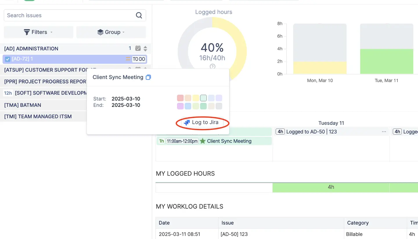 Logging an imported calendar meeting to Jira in ActivityTimeline Workspace.