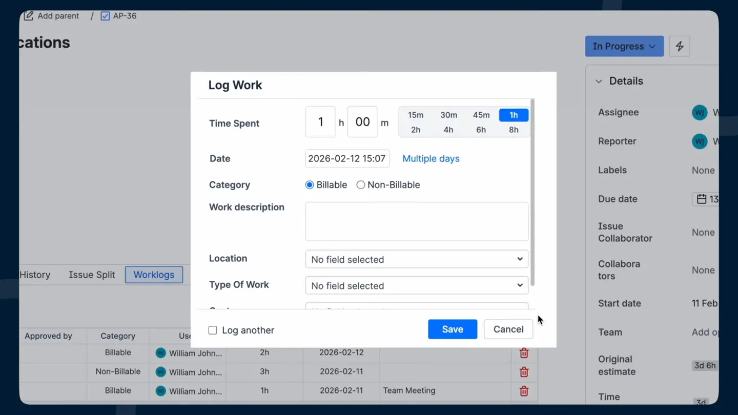 Logging billable work on a Jira issue from the ActivityTimeline dialog.