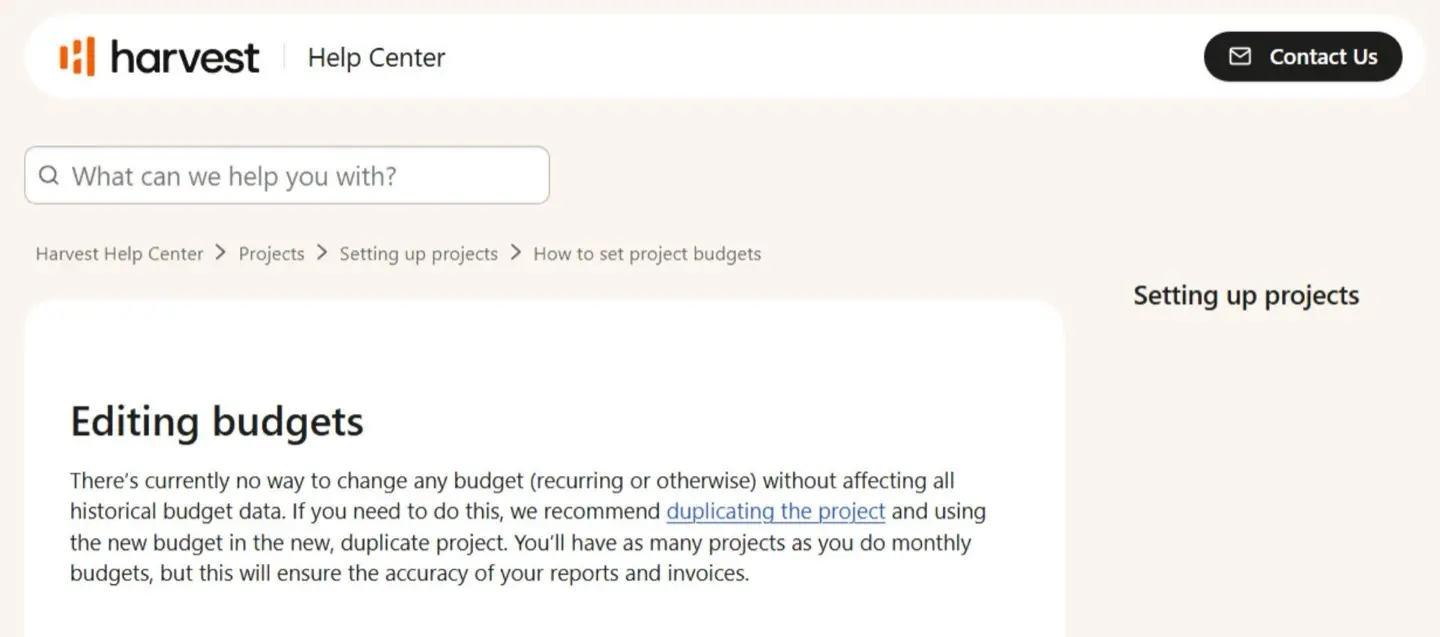Harvest's documentation stating that budgets cannot be edited without changing historical data.