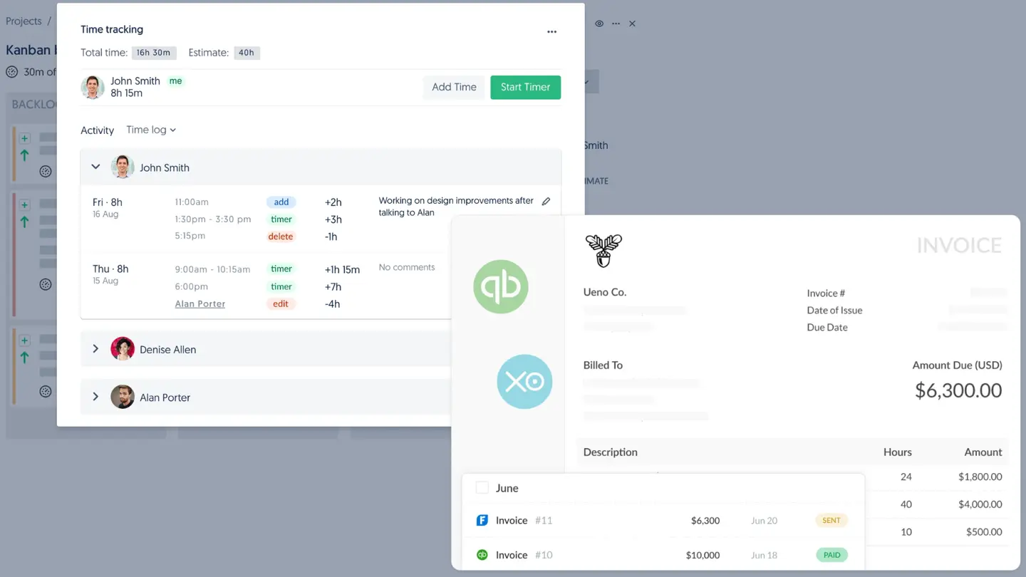 Everhour timer and project budget shown inside a Jira issue, with an invoice.