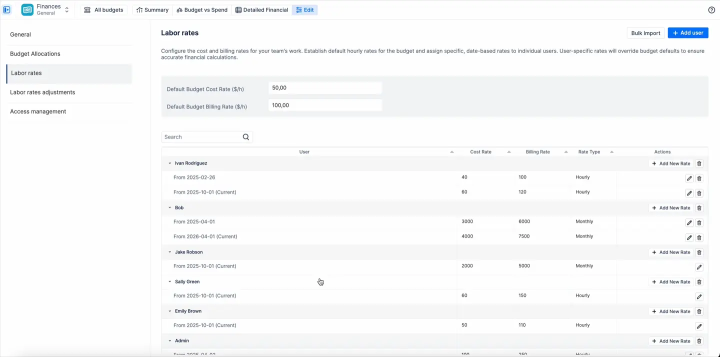 Effective-dated rates: the new rate applies from the date you pick, past worklogs keep the old one.