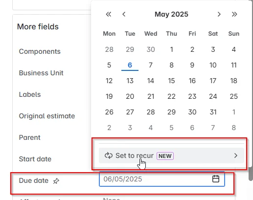 Jira Cloud work item, Due date field open with "Set to recur" and the recurrence options visible