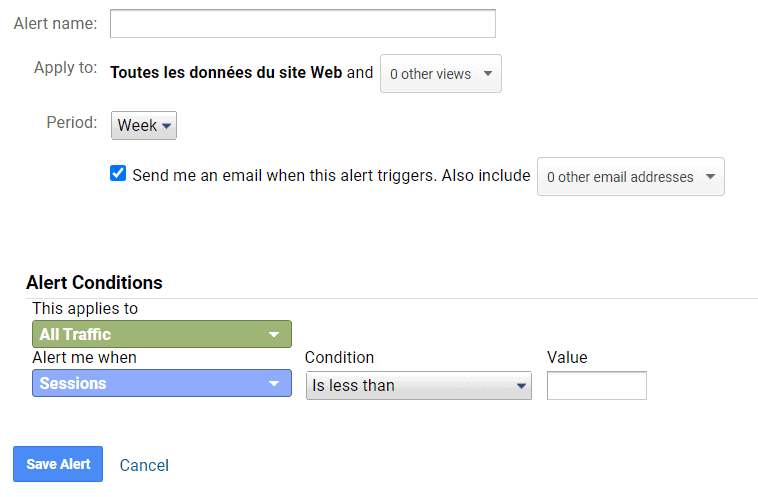 créer une alerte dans Google Analytics (Universal Analytics)