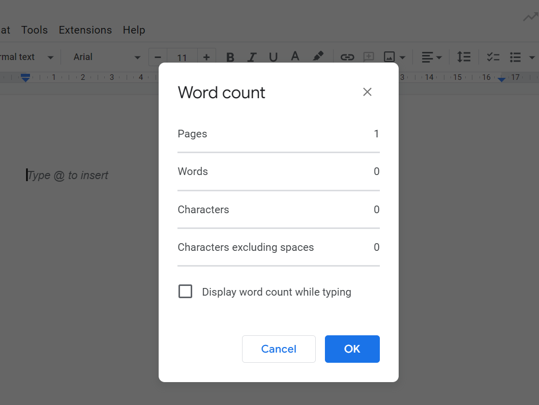 Word count dans l'interface de Google Docs