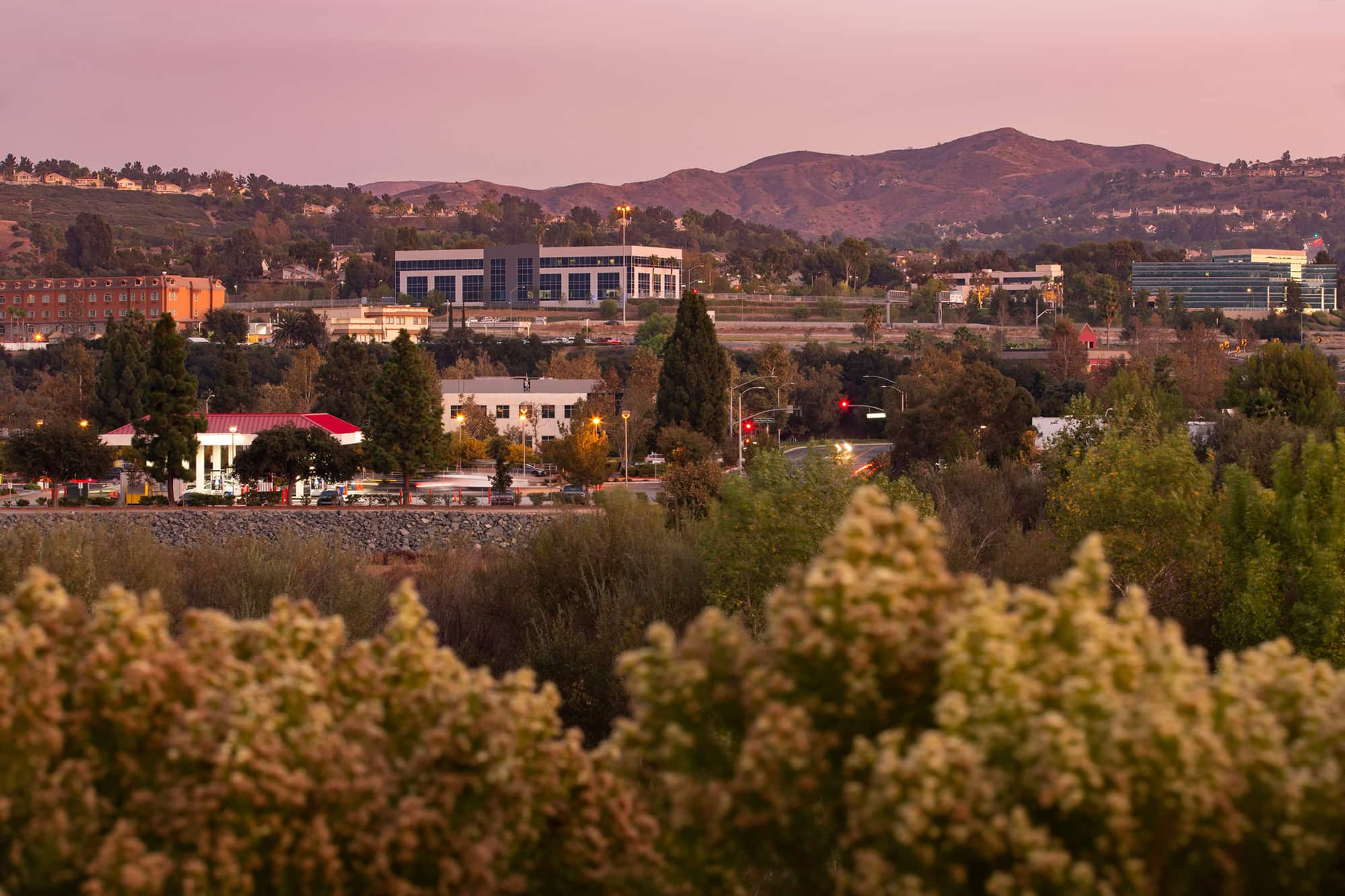 Sunset skyline view of the Anaheim Hills area of Anaheim, California, USA.