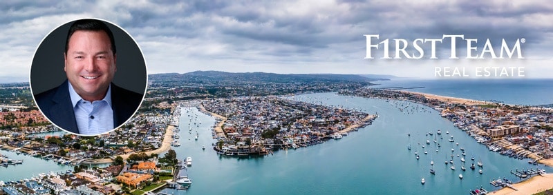 Jeremy Lehman headshot over aerial view of Newport Beach, CA