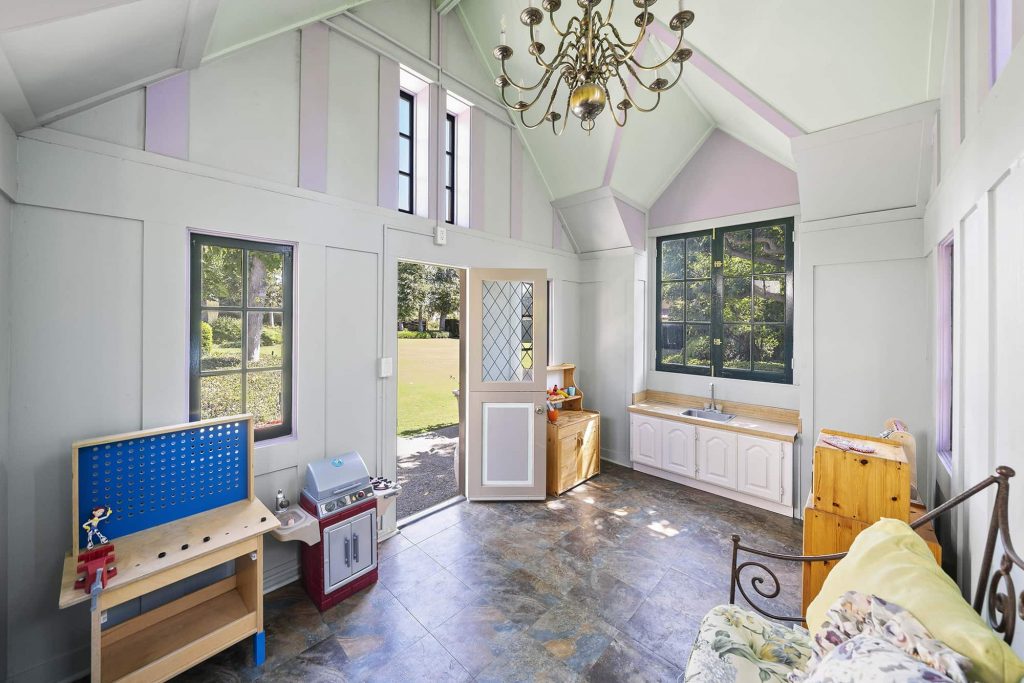 Interior of custom playhouse with candelier