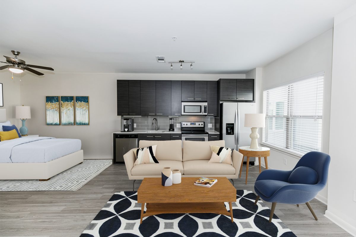 A studio home at Ayla on Krog, with the living area and kitchen open to one another