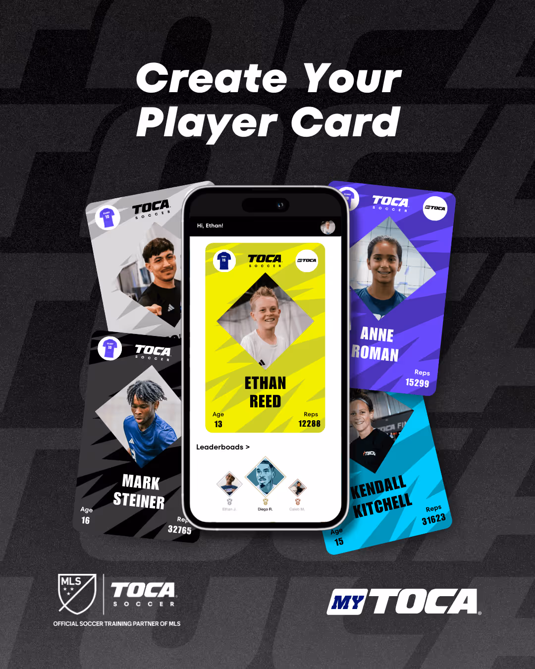 Player Cards of MyTOCA digital displays on a mobile device.