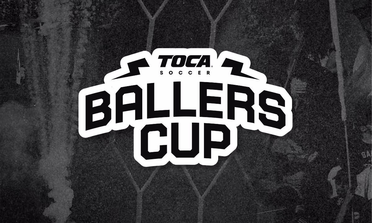 Ballers Cup TOCA Soccer summer tournament logo in bold white lettering on a dark textured background
