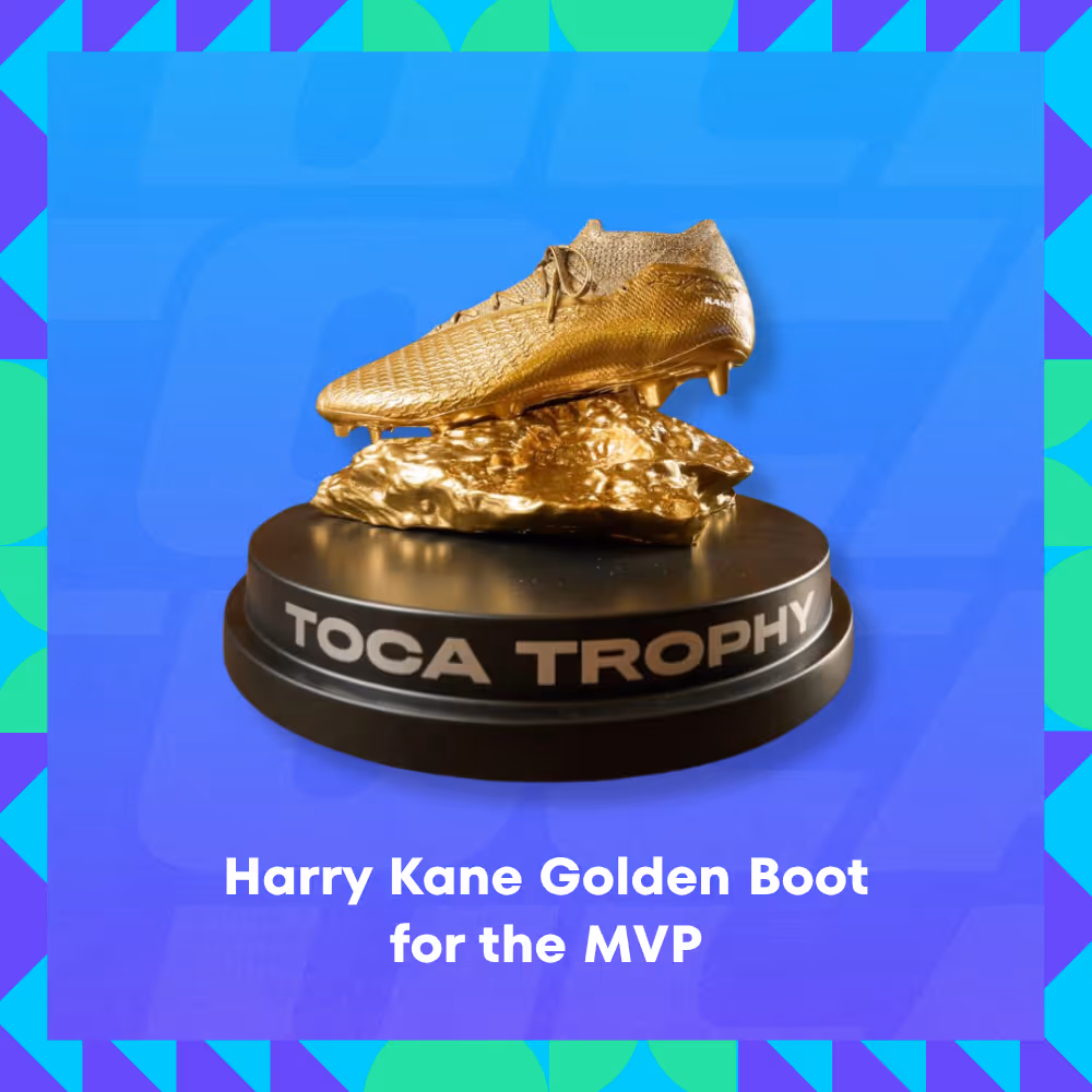 Gold soccer cleat trophy on TOCA Trophy base on Generations Cup Harry Kane Golden Boot prize card