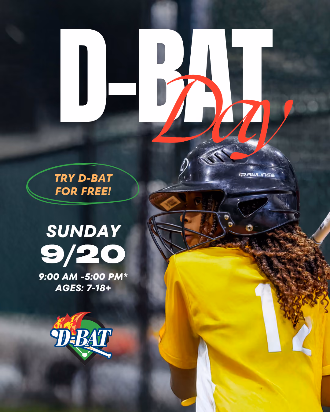 D-BAT Day promotional flyer with youth baseball player in catcher's gear and yellow jersey