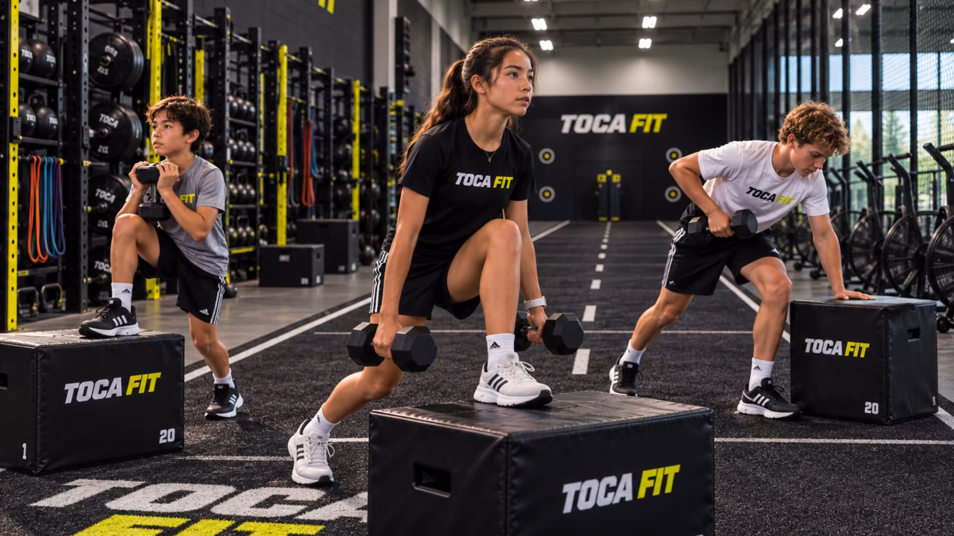 Three young athletes in a gym wearing TOCA FIT shirts perform strength exercises with dumbbells and black padded boxes. The gym interior shows weight racks and large windows.