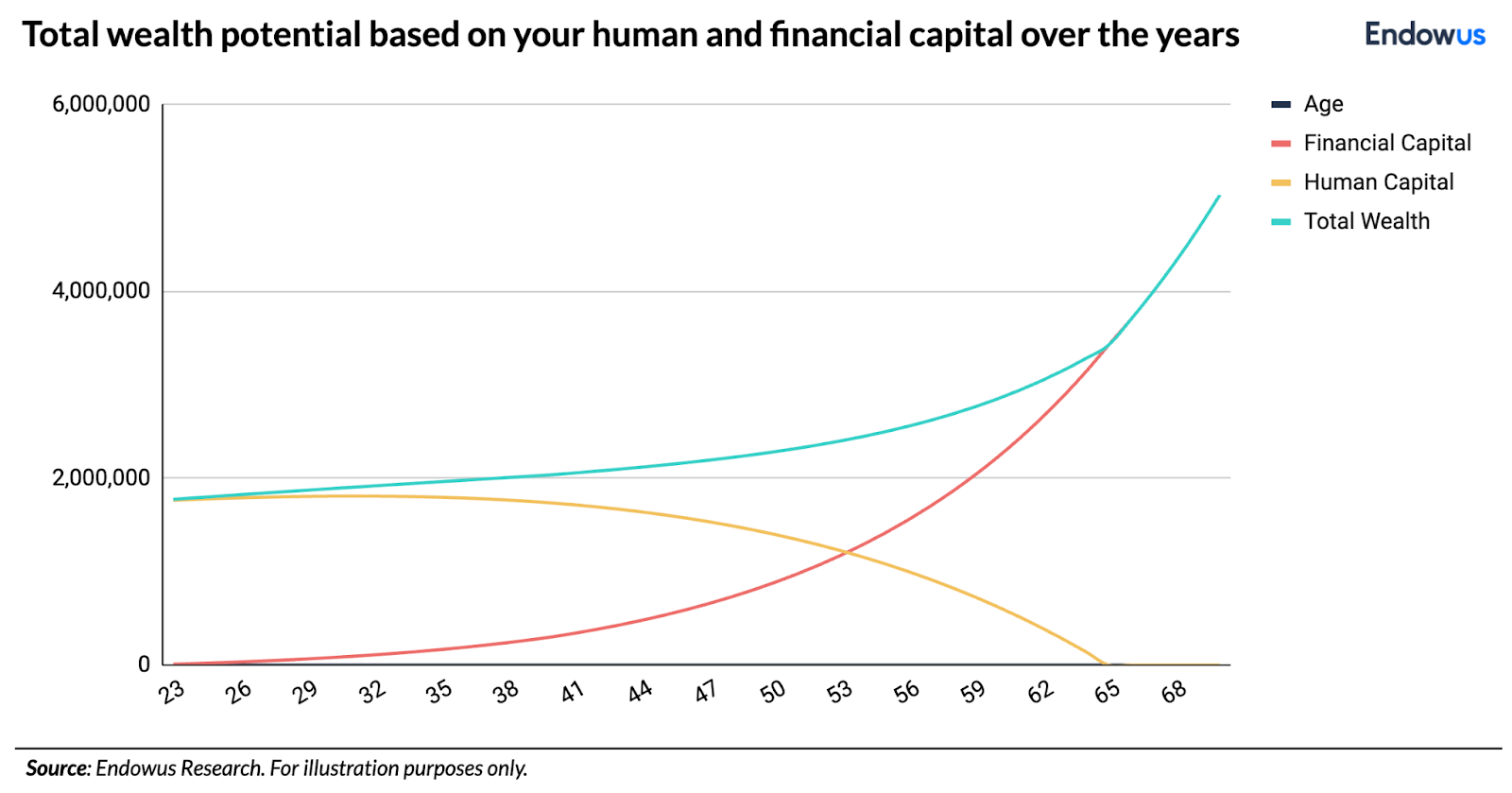 Total wealth potential based on your human and financial capital over the years
