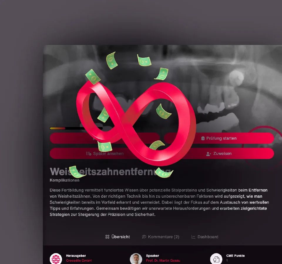 Eine Grafik mit einem Ausschnitt einer zahnmedizinischen Fortbildungsplattform. Über dem Ausschnitt ist ein "Unendlich"-Zeichen mit grünen Geldscheinen umgeben.