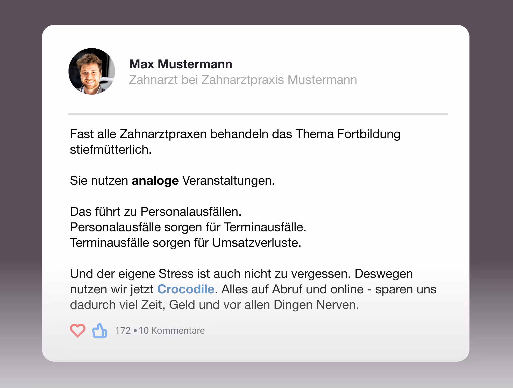 Ein fiktiver Social Media Post von Max Mustermann, der über die Nutzung von Crocodile spricht.