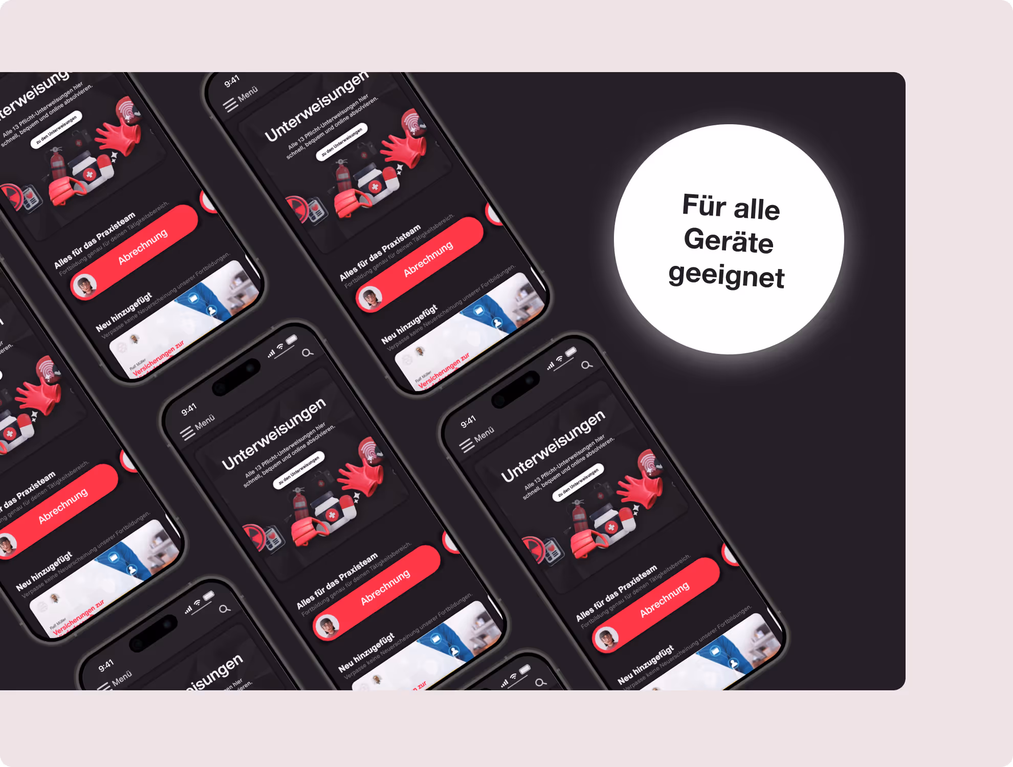Auf der Grafik sind mehrere iPhones mit der geöffneten Crocodile Applikation zu sehen. Ein Badge sagt "Für alle Geräte geeignet"