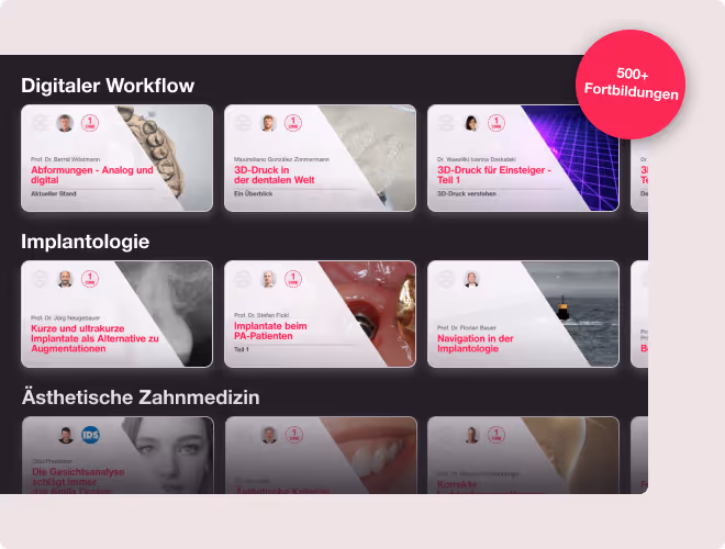 Zeigt diverse zahnmedizinische Fortbildungen auf Crocodile aus verschiedenen Bereichen. Die Fortbildungen werden als Cover dargestellt. Ein rundes Badge zeigt, dass es über 400 zahnmedizinische Fortbildungen gibt.