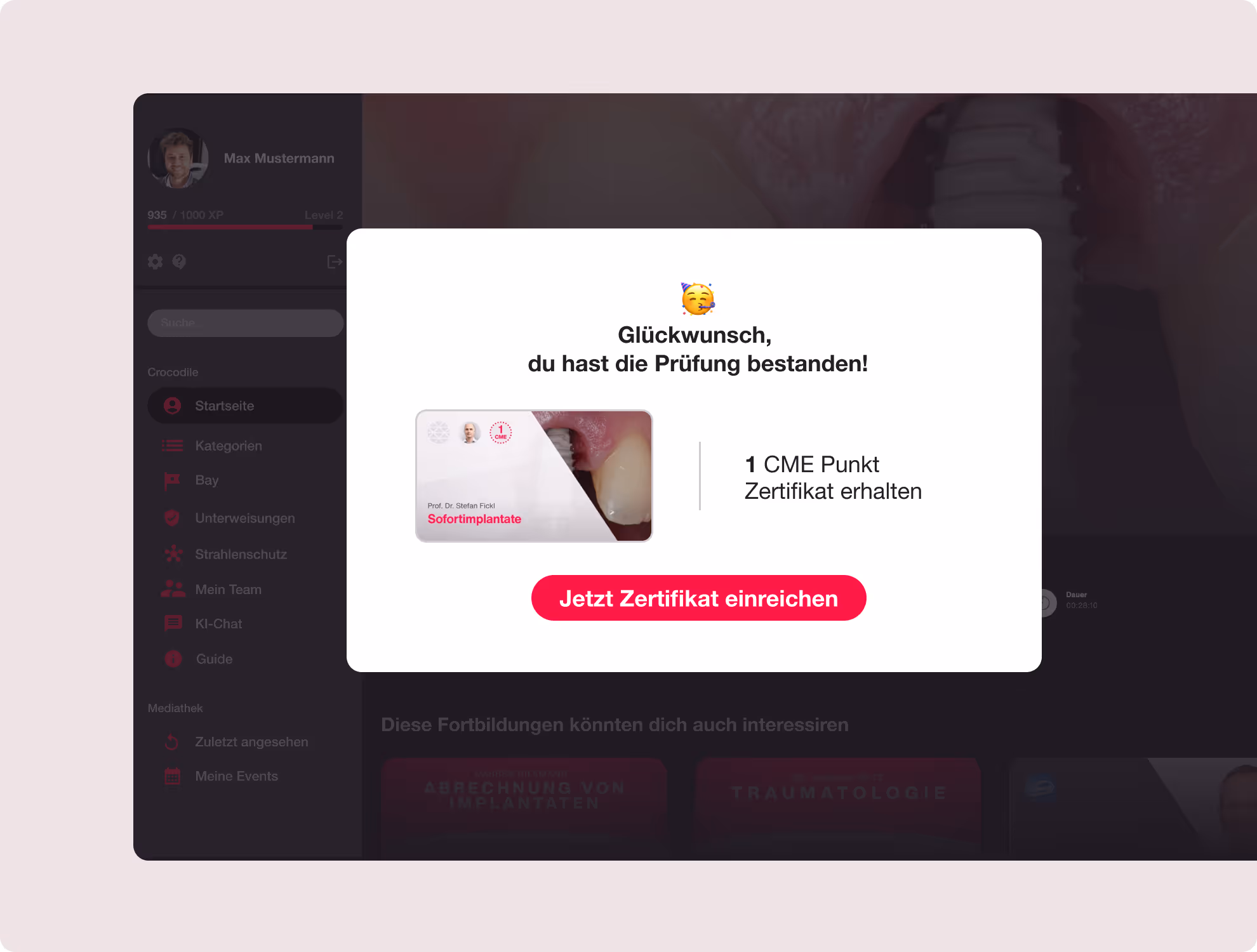 Darstellung einer bestandenen zahnmedizinischen Prüfung bei Crocodile. Es zeigt, dass der User 1 CME Punkt verdient hat und das Zertifikat einreichen kann.