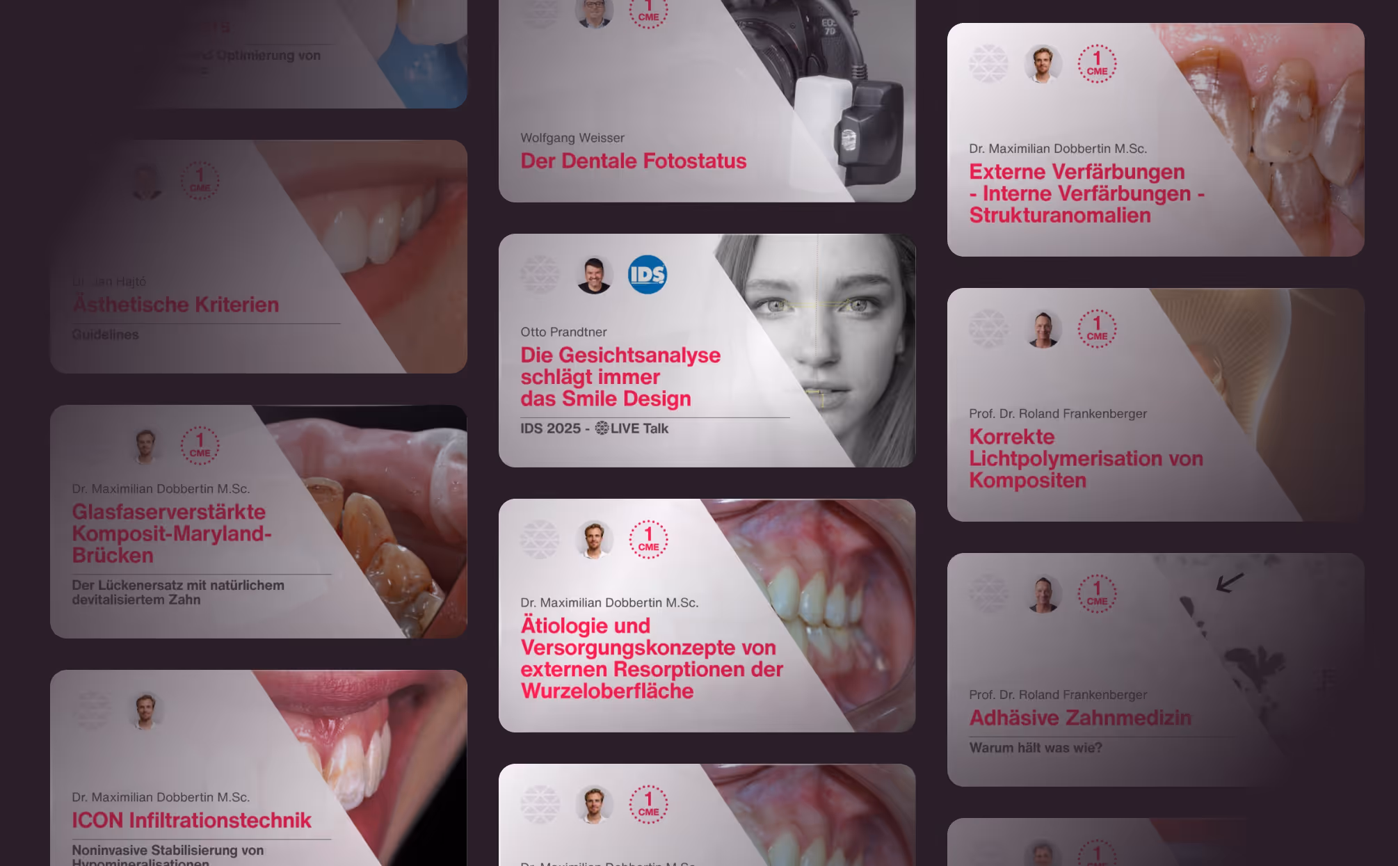Eine Auswahl verschiedener Online-Fortbildung zur ästhetischen Zahnmedizin.