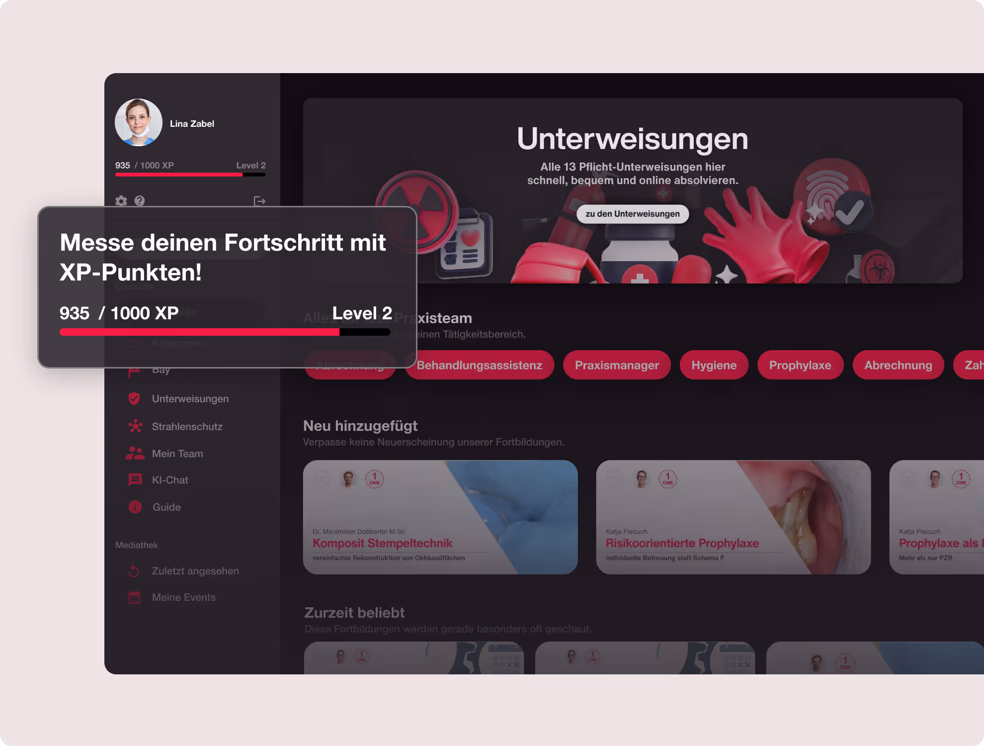 Zeigt das Dashboard von Crocodile mit einem Overlay, das sich auf die XP-Funktionalität von der Online-Fortbildungsplattform Crocodile fokussiert.