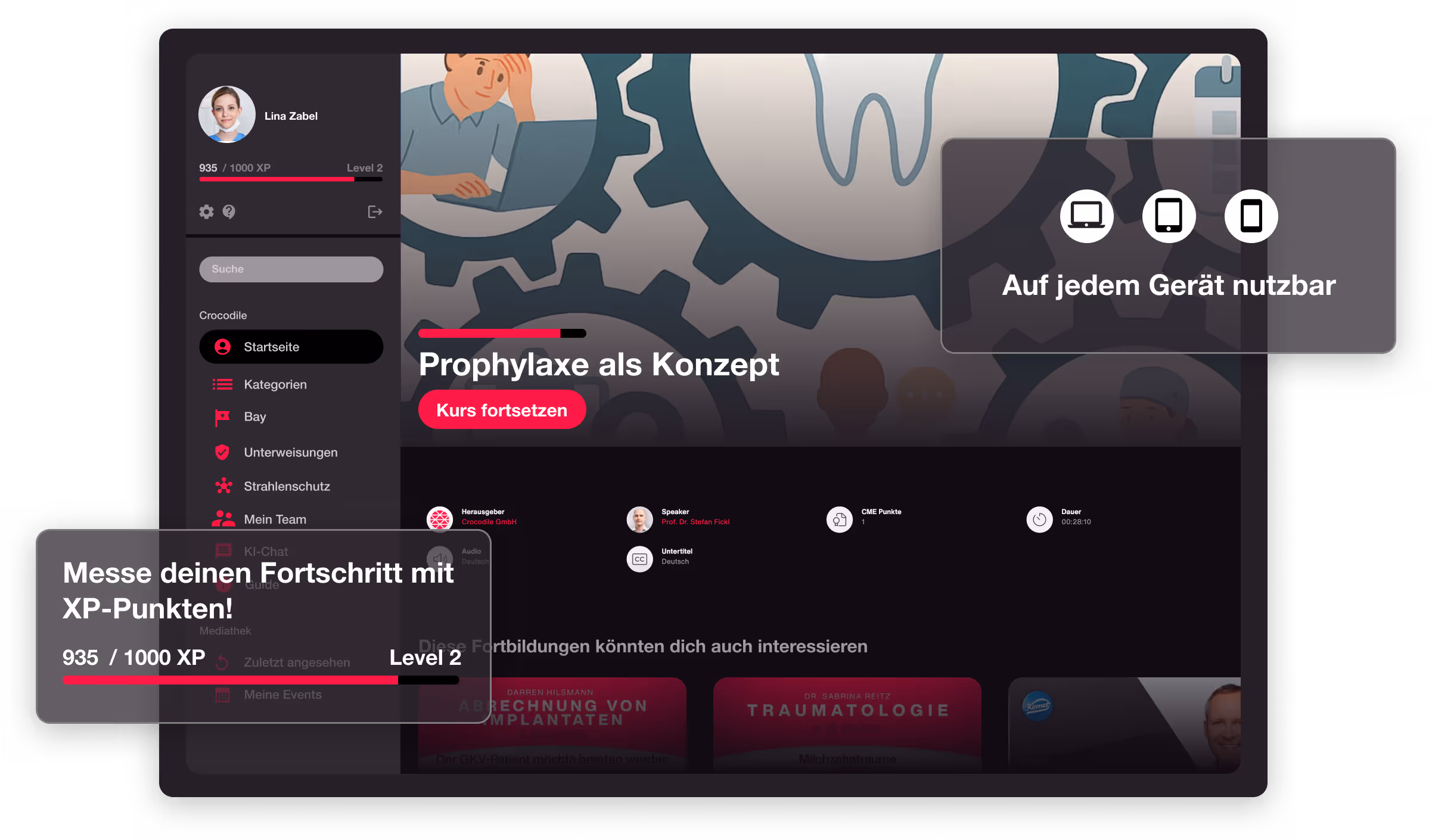 Darstellung von der Crocodile Plattform mit Hervorhebung verschiedener Features wie XP-Punkte und Responsiveness der Plattform.