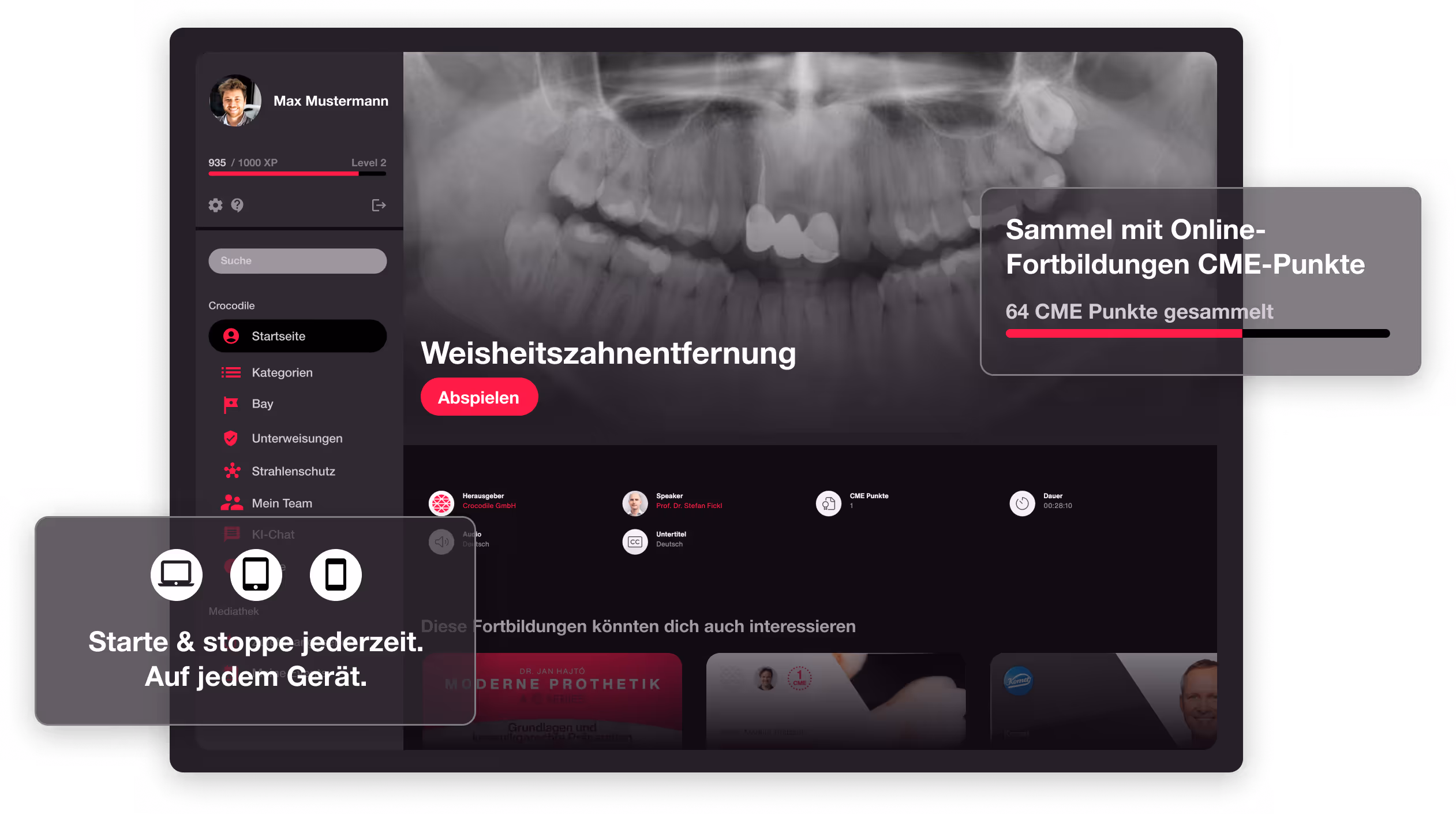 Beispielhafte Darstellung einer Kursseite auf der zahnmedizinischen Fortbildungsplattform Crocodile.