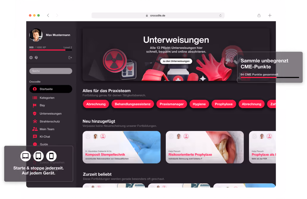 Grafik die das Dashboard von Crocodile zeigt. Zudem sind 2 Overlays zu sehen, die auf die Responsivität und auf das unbegrenzte Sammeln von CME Punkte aufmerksam machen.