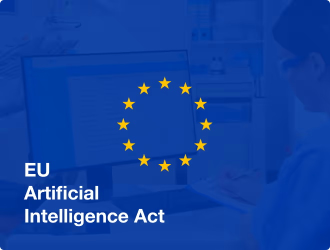 Eine blaue Grafik mit der Aufschrift "EU Artificial Intelligence Act" und den 12 Sternen der EU-Flagge.