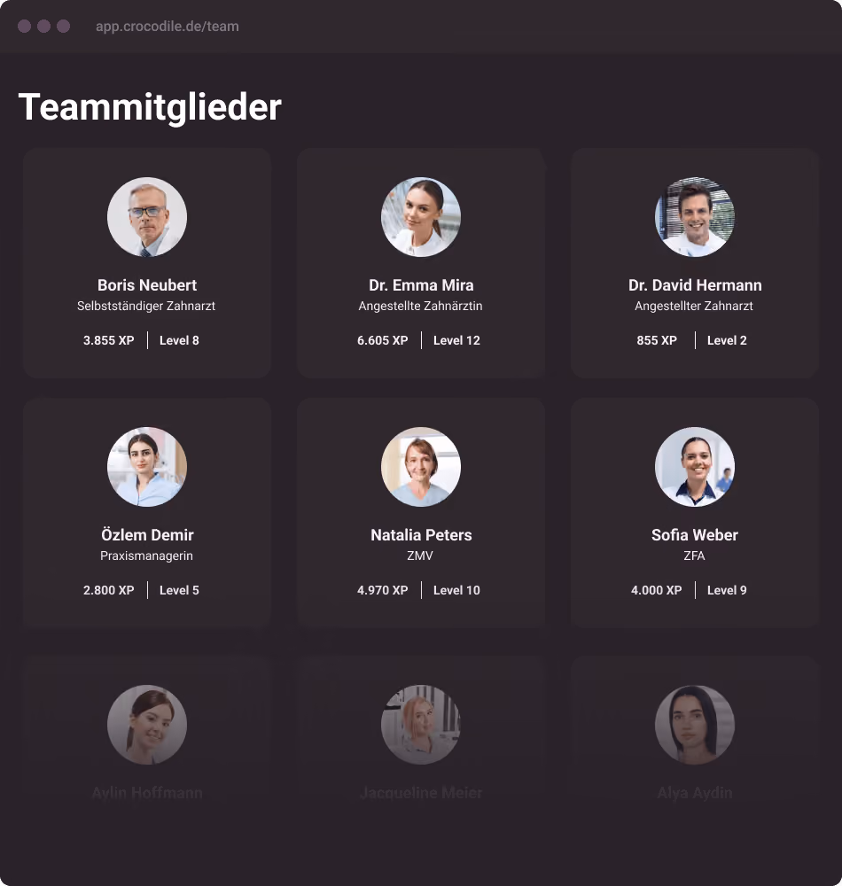 Profilbilder und Erfahrungslevel von acht Mitgliedern eines Zahnarzt-Teams auf dunklem Hintergrund.