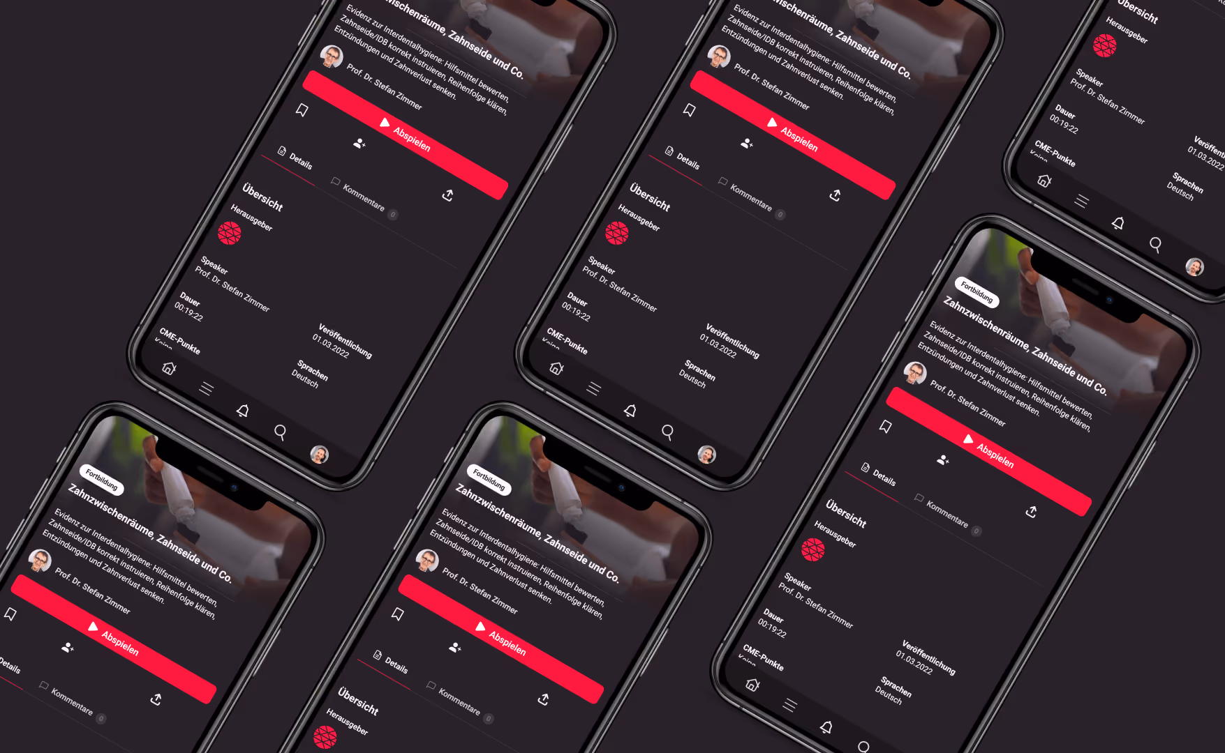 Mehrere Smartphones zeigen eine App über Zahnzwischenräume, Zahnseide und Protokolldetails auf Deutsch.