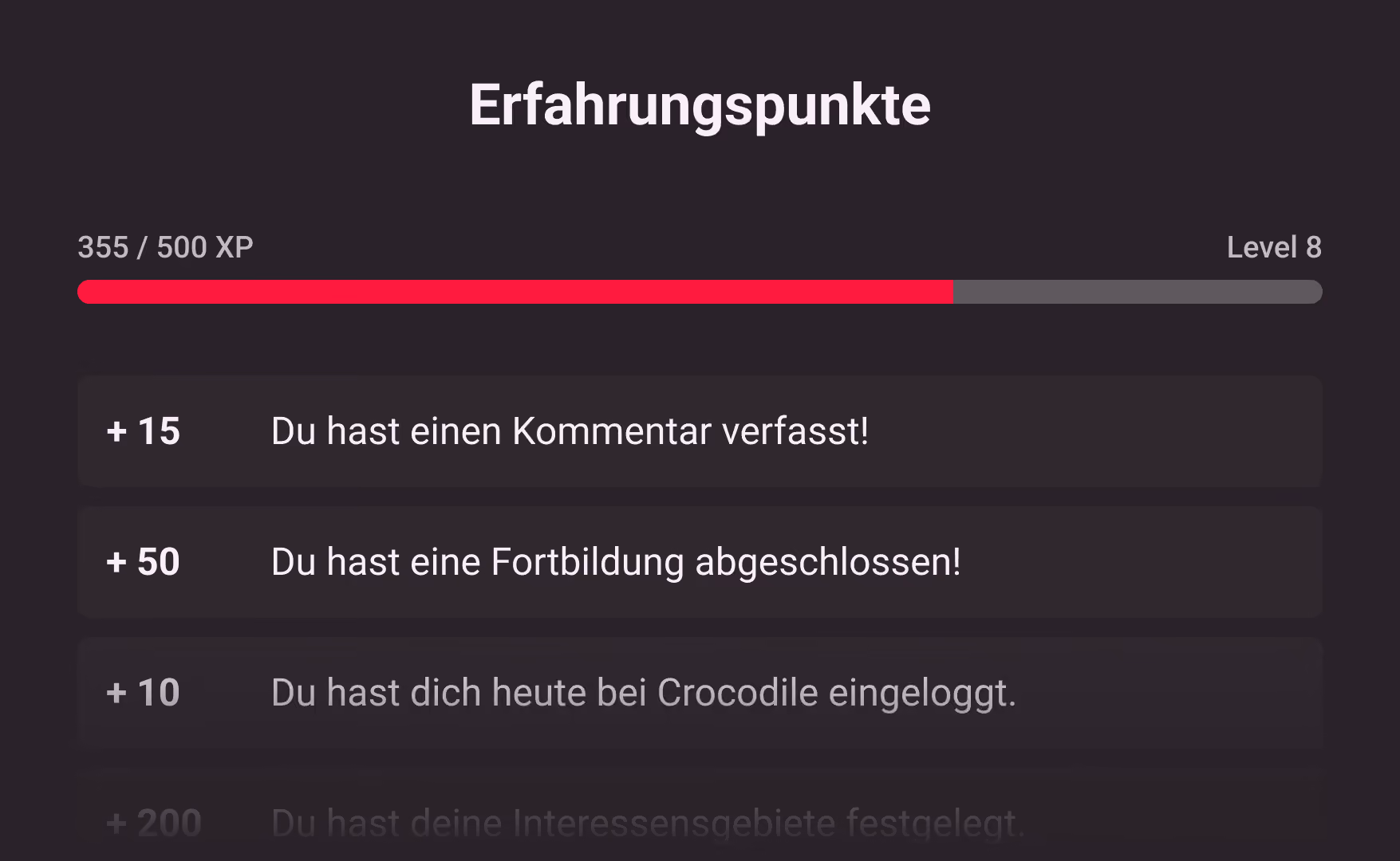 Fortschrittsbalken zeigt 355 von 500 Erfahrungspunkten auf Level 8, Tätigkeiten mit XP-Belohnungen.