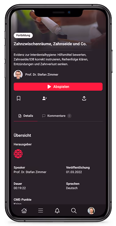 Handheld device screen showing a dental hygiene lecture by Prof. Dr. Stefan Zimmer with German text and playback button.