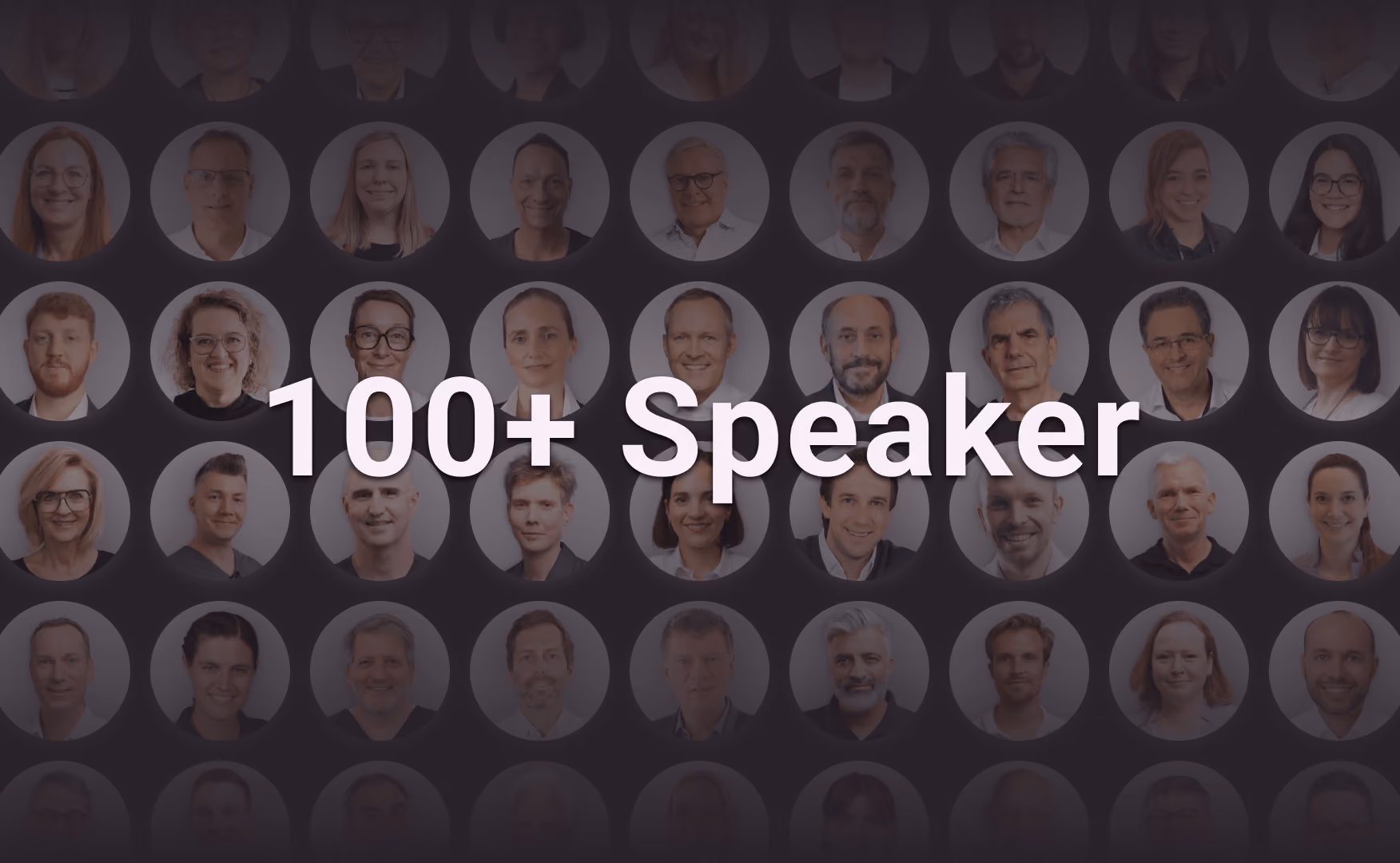 Porträts von verschiedenen Referenten bei Crocodile hinter dem Text '100+ Speaker'.