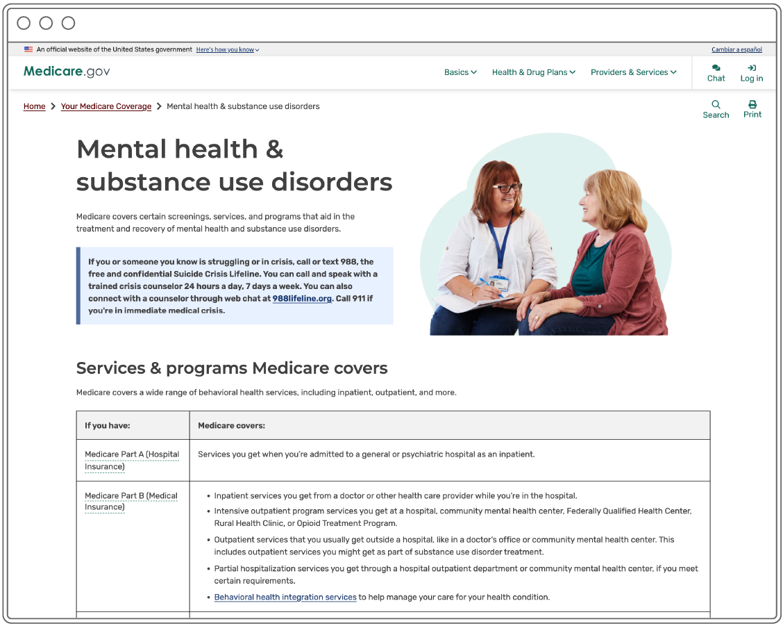 Mental Health & Substance Use Disorders Page on Medicare.gov Screenshot