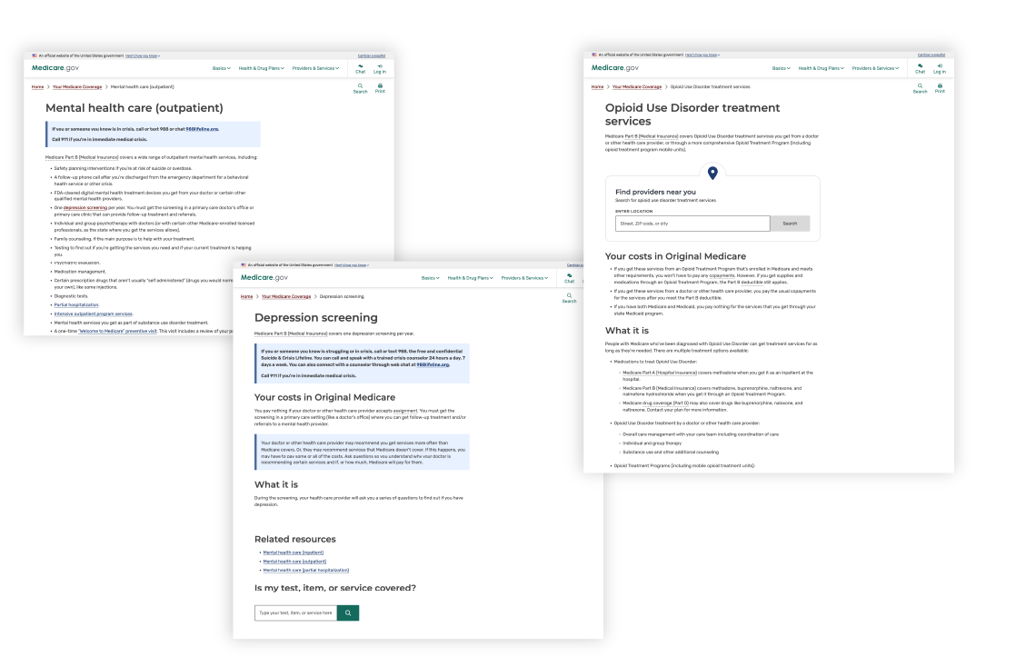 A series of screens from the website