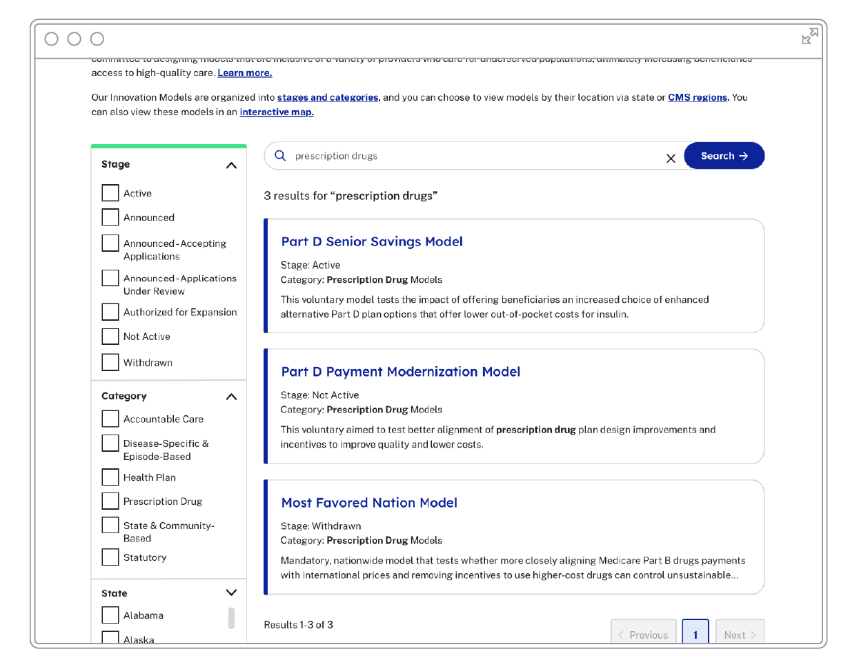 A screenshot of the new version of the  Innovation Models search page on CMS.gov