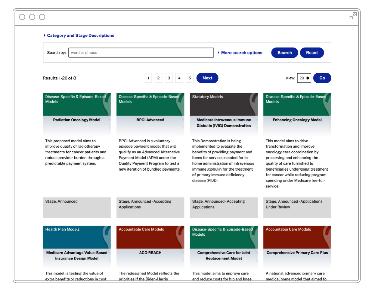 A screenshot of the old version of the  Innovation Models search page on CMS.gov