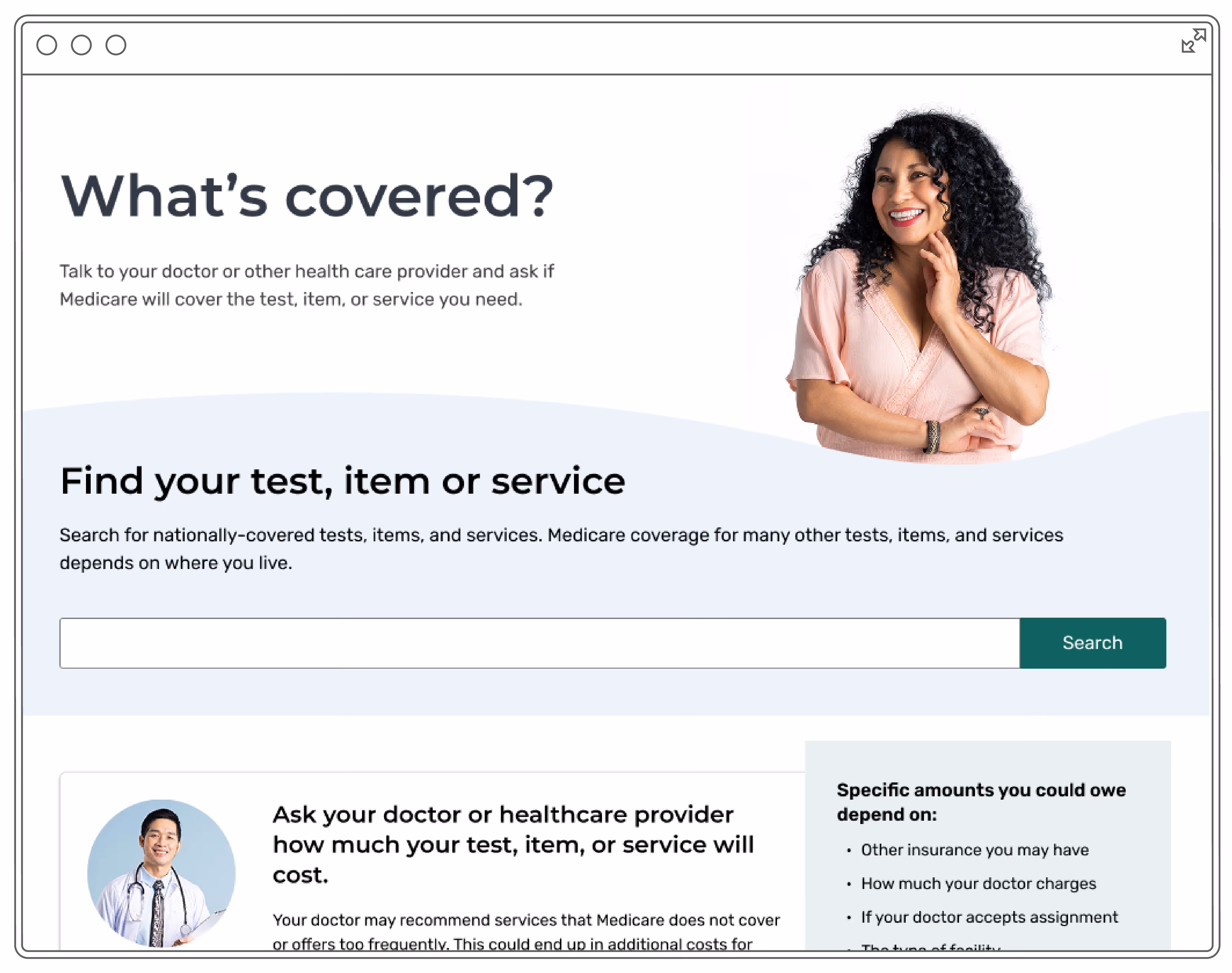 Landing page with a smiling woman where the headline reads "What's covered?"