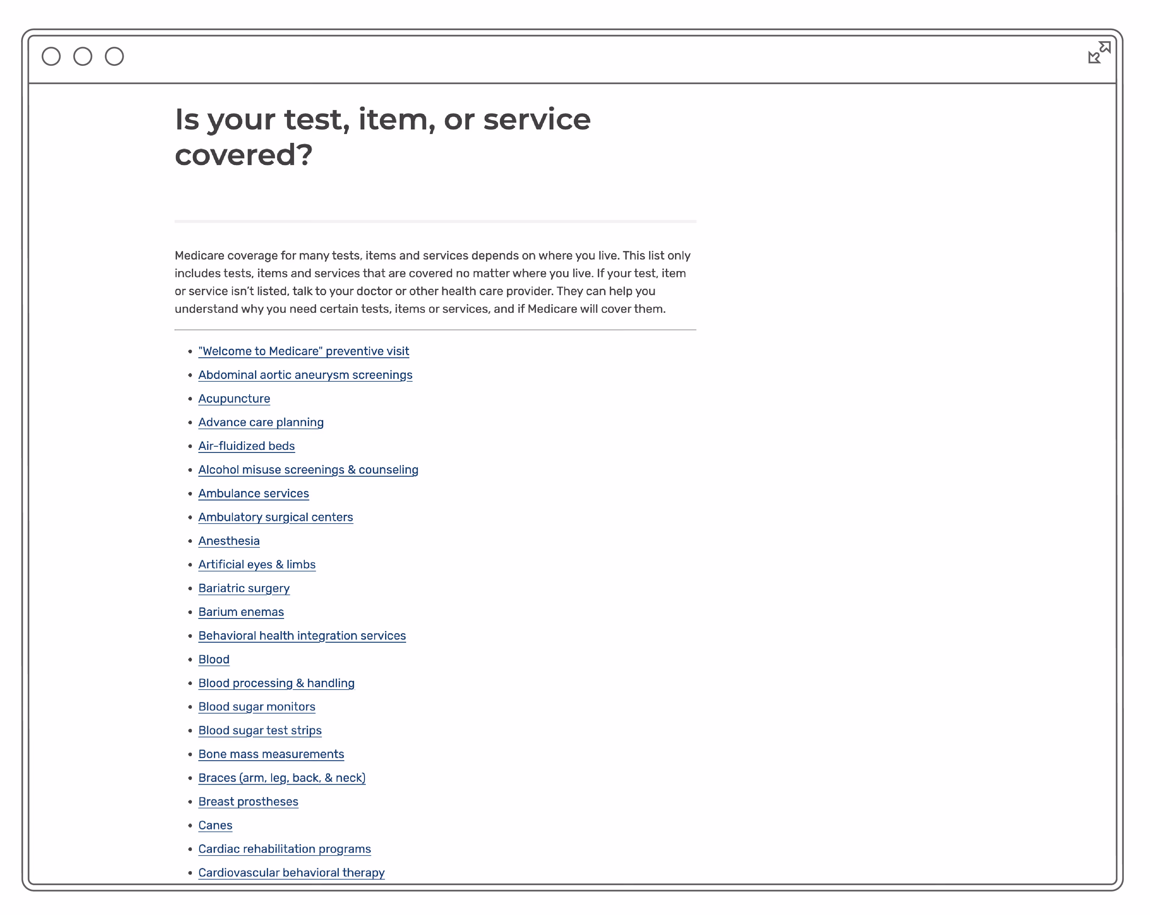 List of services with the headline "Is your test, item or service covered?"