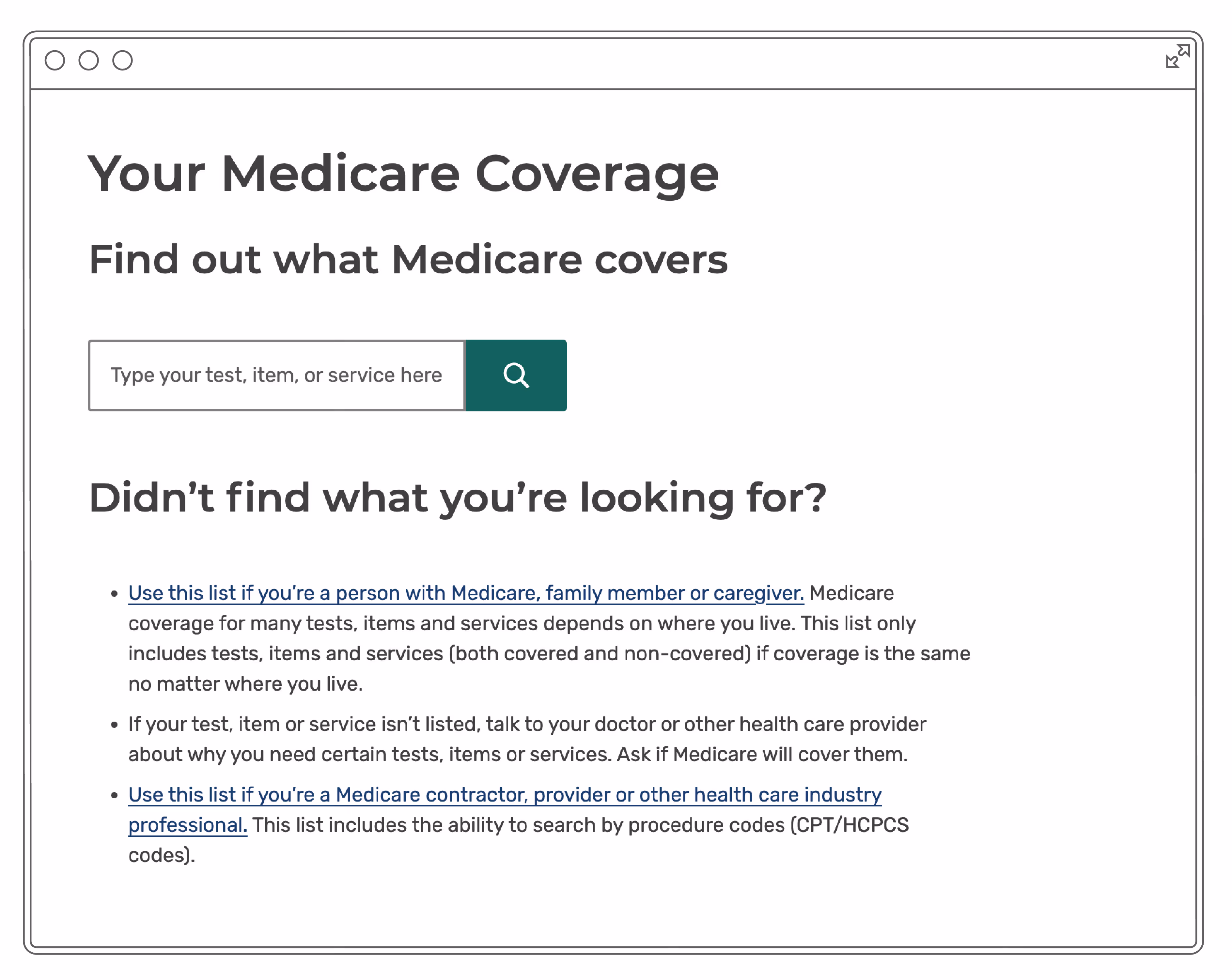 Search page with the title "Your Medicare Coverage"