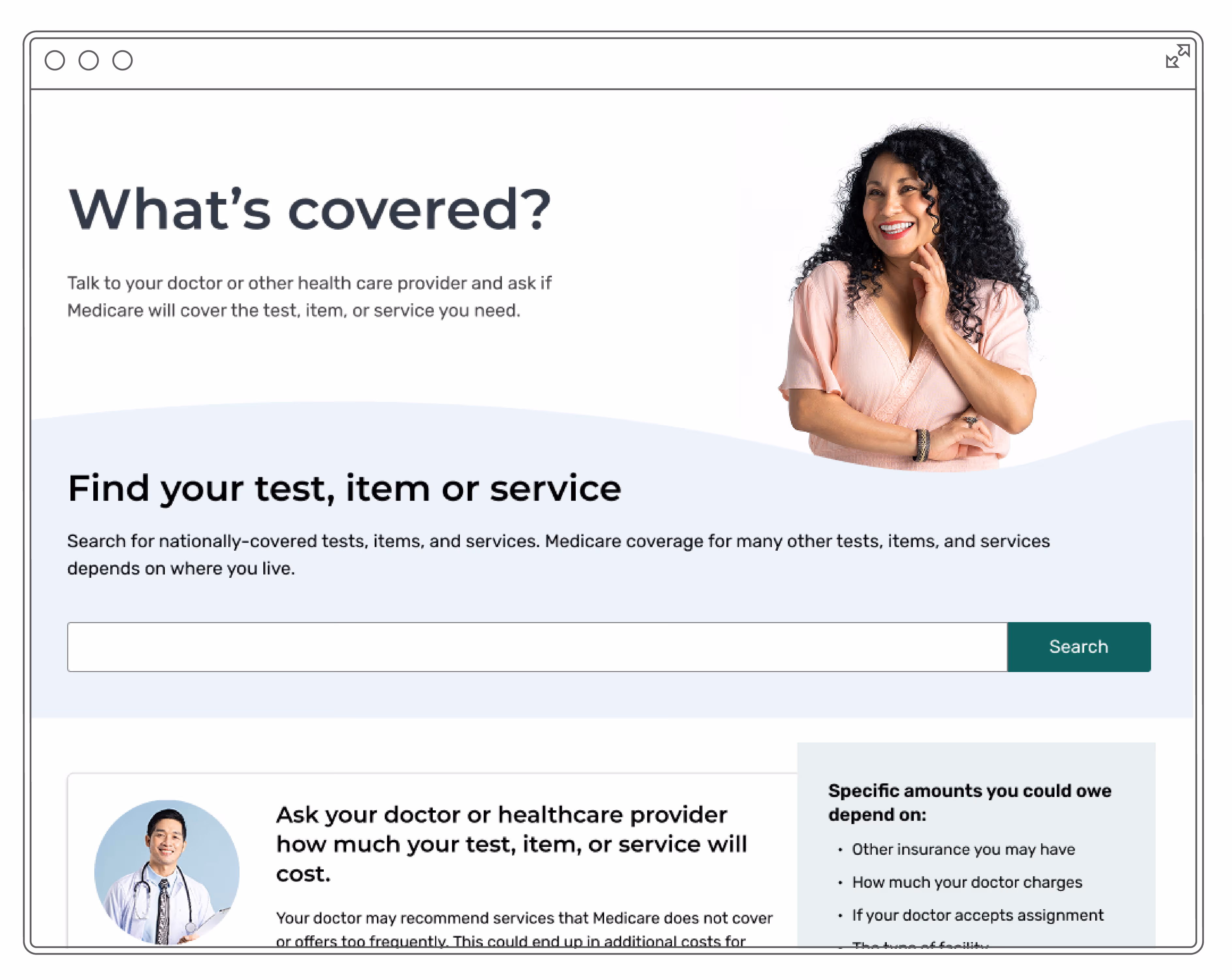 Landing page with a smiling woman where the headline reads "What's covered?"