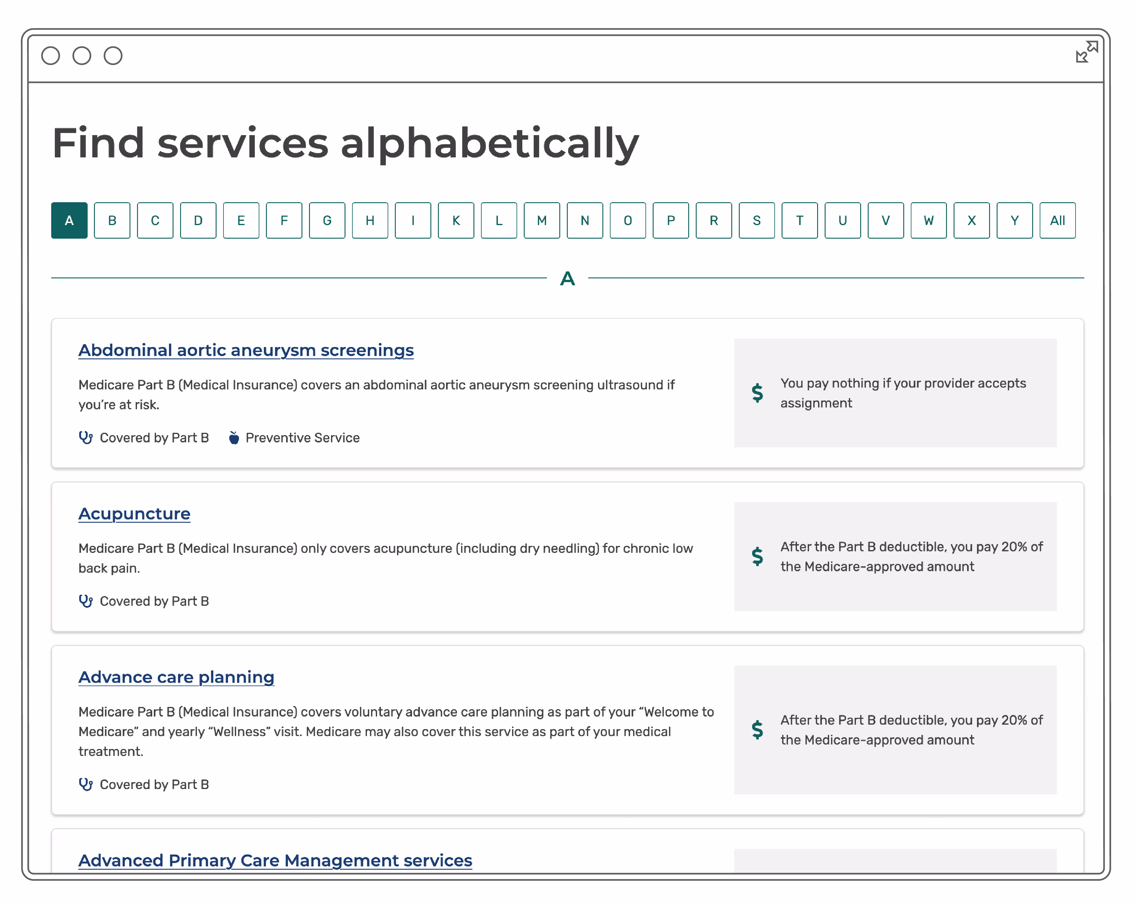 Website with an alphabetical list of services
