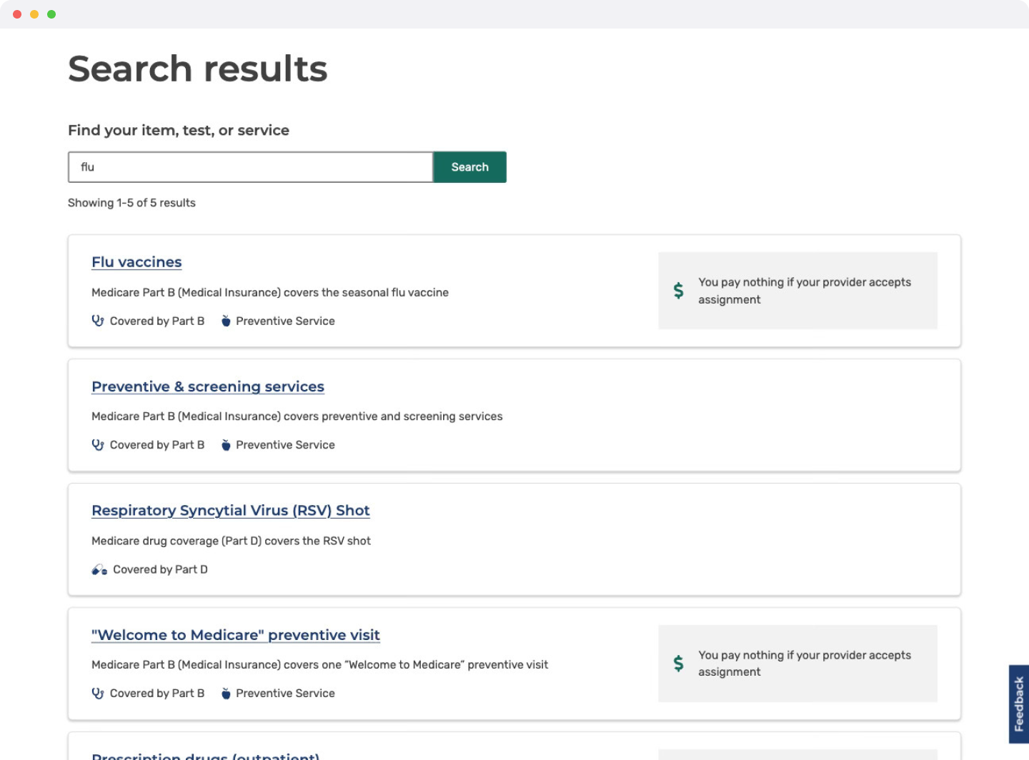 Search result page with search for "flu"
