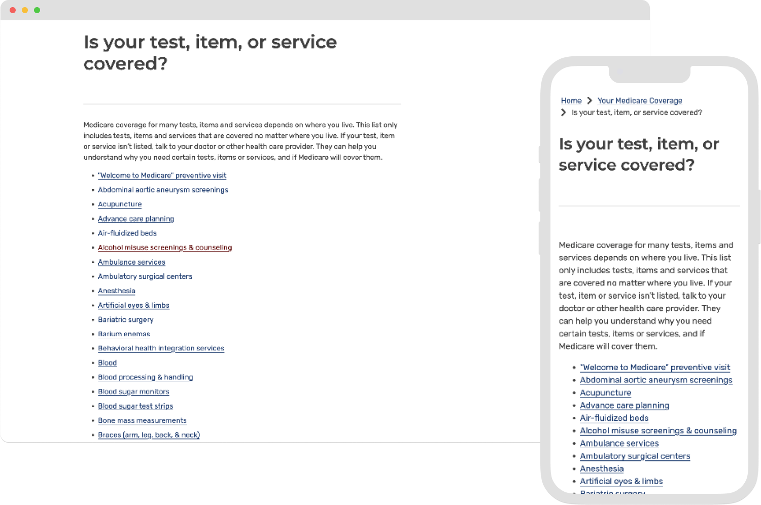 The old list page shown on 2 devices