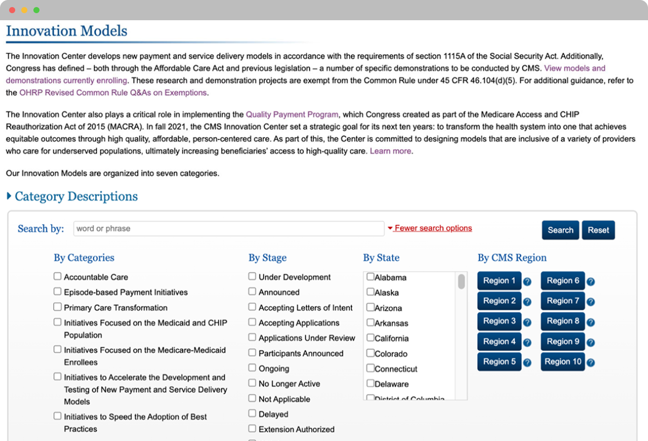 Search page for innovation models that includes category filters