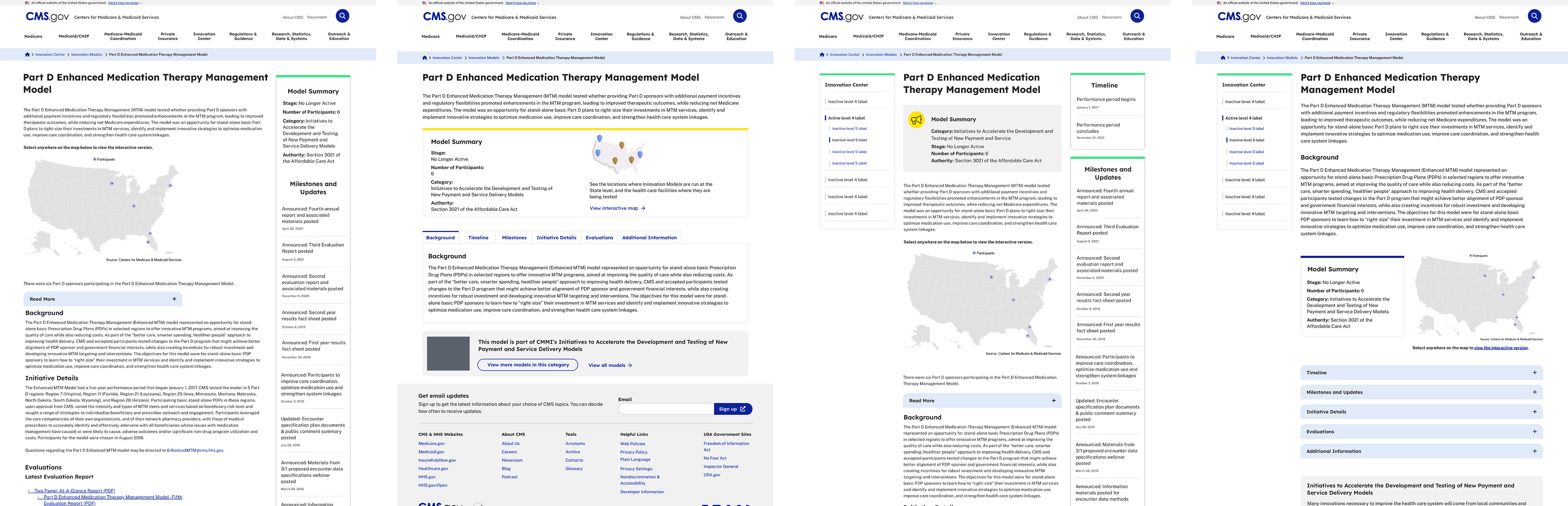 Four screens showing ideas of how to reorganize content on a page