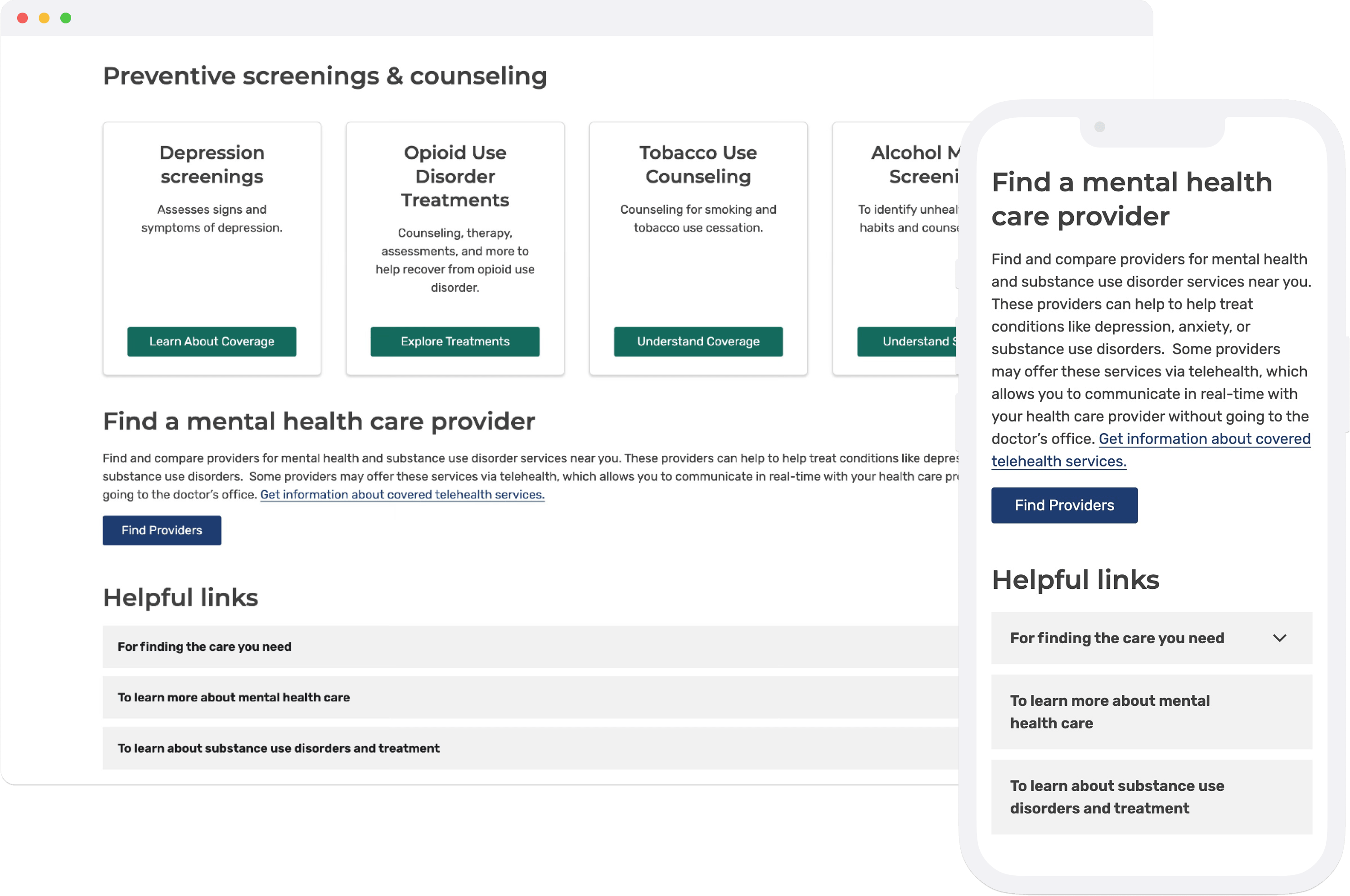 Two screens showing information on preventive services and how to find a health care provider