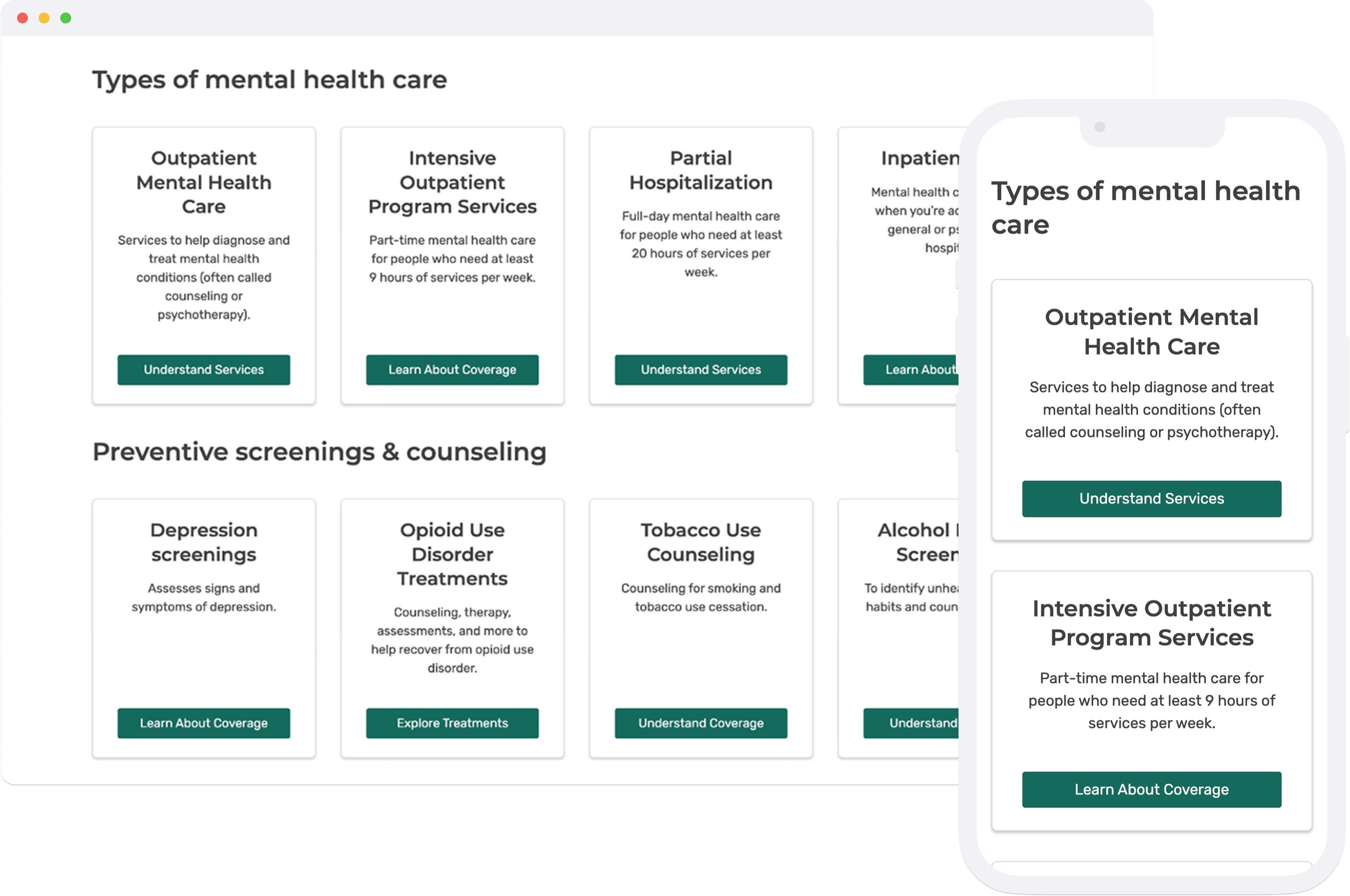 Two screens showing information about getting types of mental health care