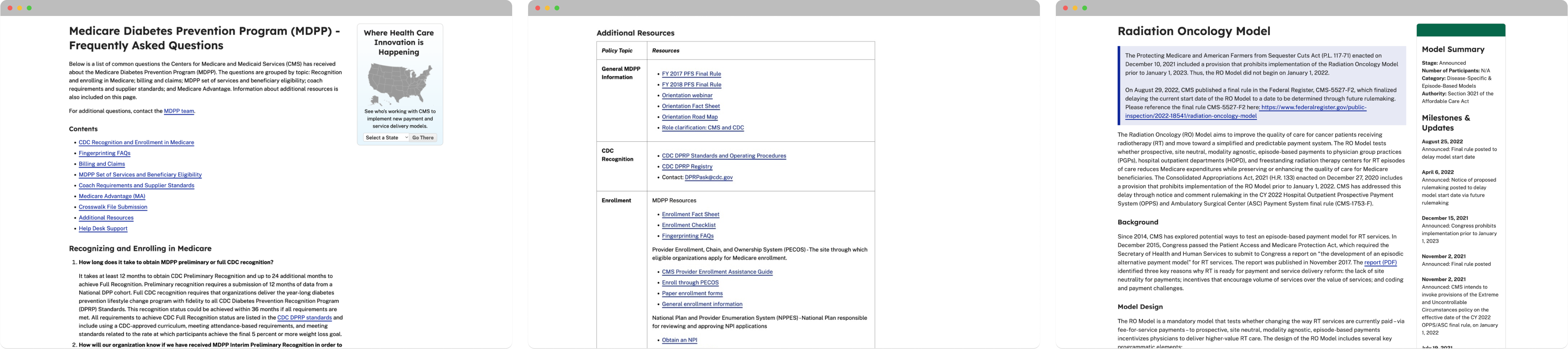 Three screens showing pages from the CMMI website